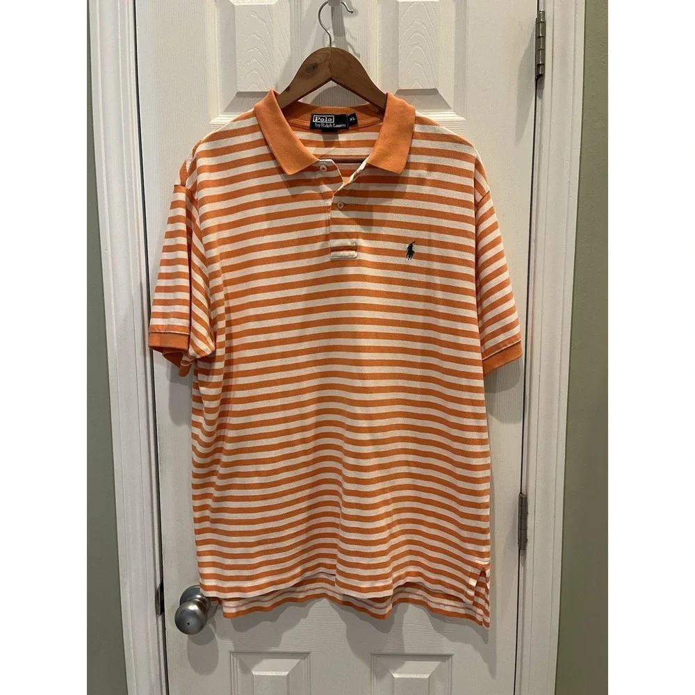 Polo‎ Ralph Lauren Shirt Mens XL Cotton Polo Golf Short Sleeve Orange White Pony
